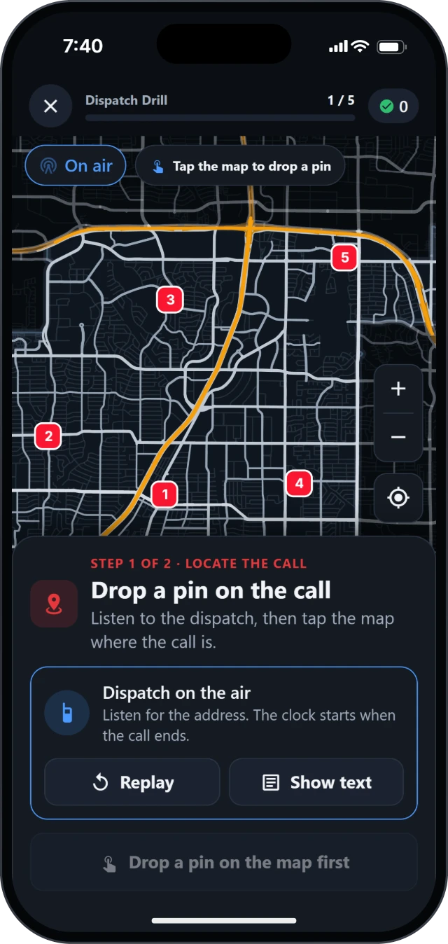 Dispatch Drill: the call is on the air over a blank map of Richardson with the fire stations marked, and a prompt to drop a pin where the call is.
