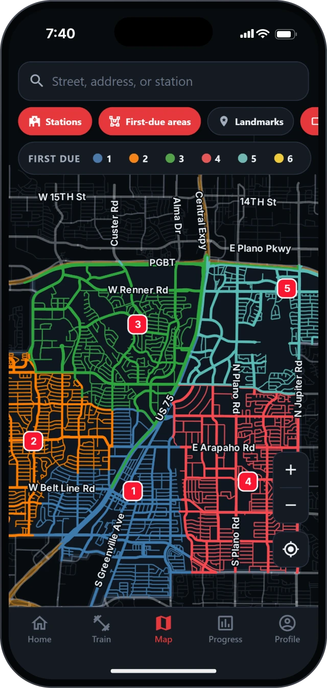 StreetDrill's map with the official first-due districts: Richardson's fire stations, each with its area in its own color.