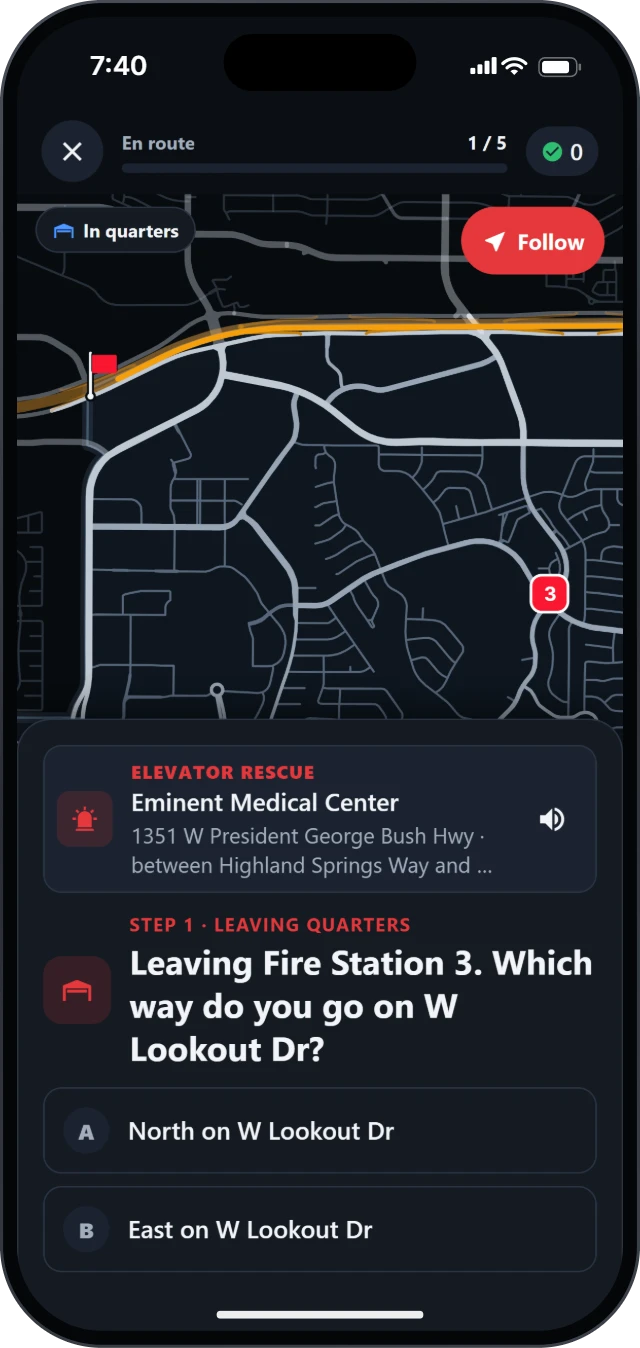 Response Run's first move: an elevator rescue at Eminent Medical Center, Fire Station 3 and the call on a blank map, and the question: leaving Fire Station 3, which way do you go on W Lookout Dr?