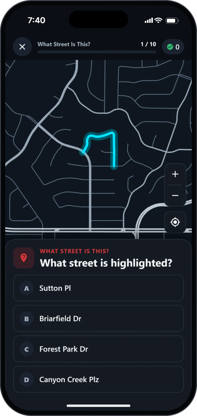 What Street Is This?: one street lit up on a map with no street names, and four names to choose from.